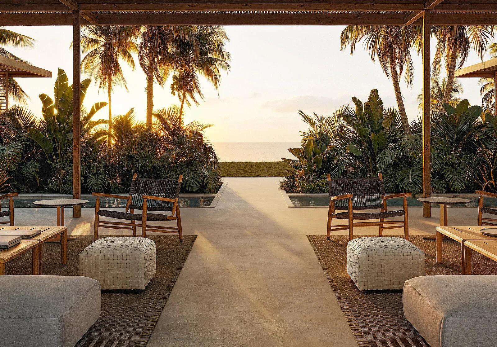 Flexform Bangkok outdoor ottoman in a garden setting, frame 2