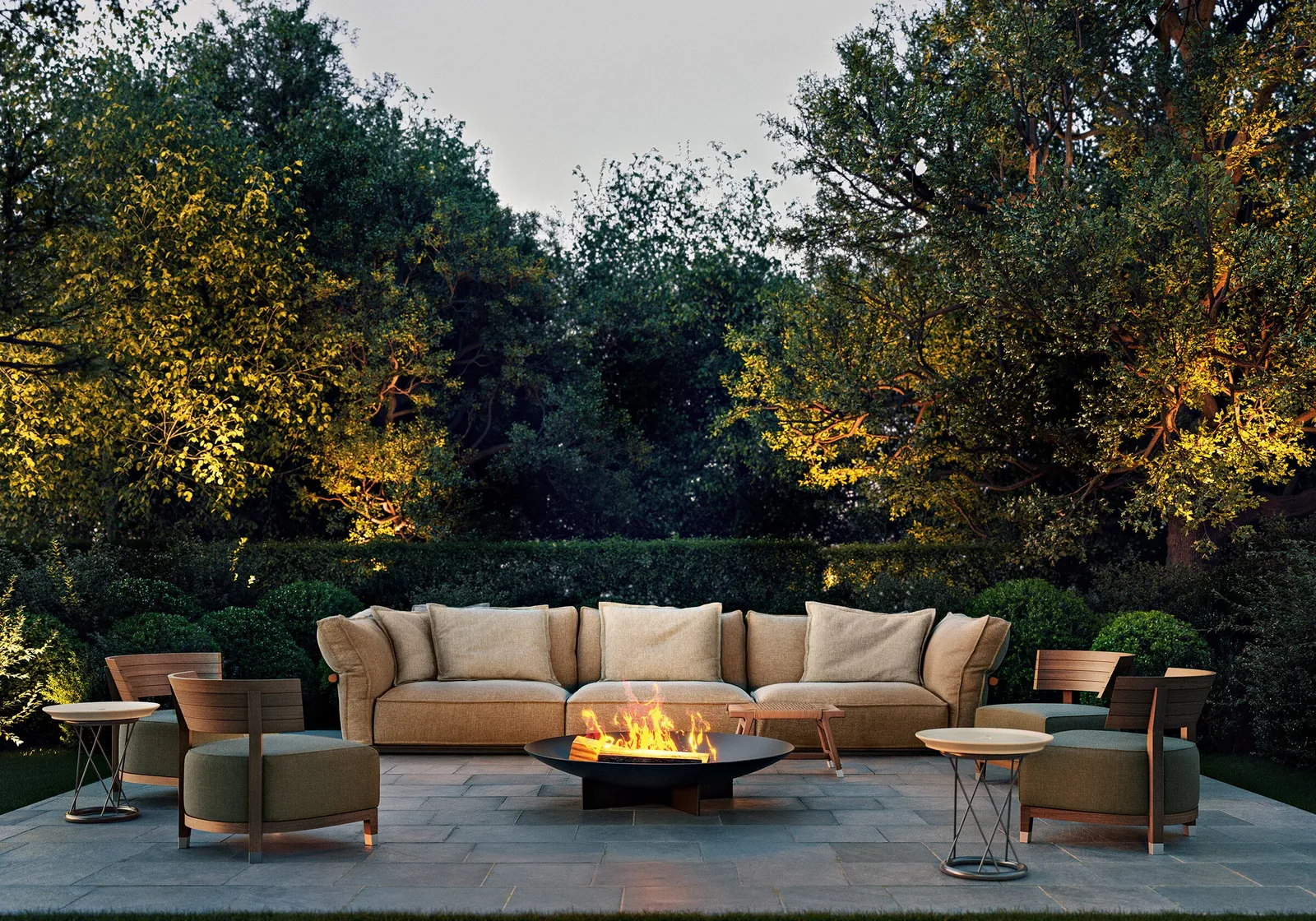 Flexform Thomas outdoor armchair in a garden setting, frame 4